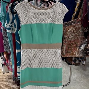 Studio One Mint, Beige & White Lace-Trim Midi Dress